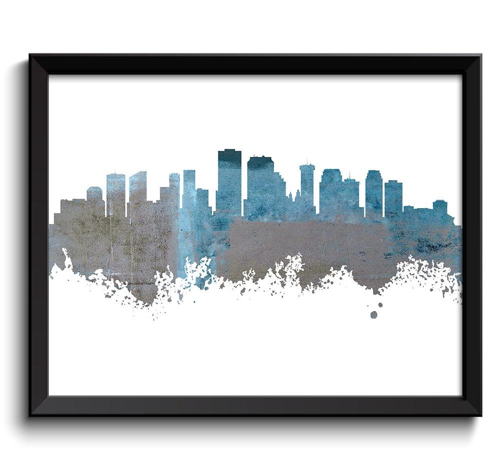 New Orleans Skyline Louisiana City Sky Blue Grey Gray Watercolor Cityscape Poster Print Landscape Ar