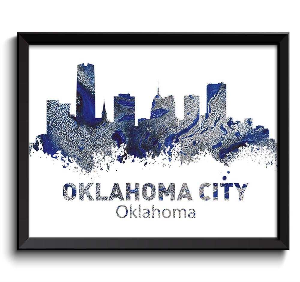 Oklahoma City Skyline Navy Blue Grey Silver Gray Watercolor Cityscape Poster Print Landscape Art Pai