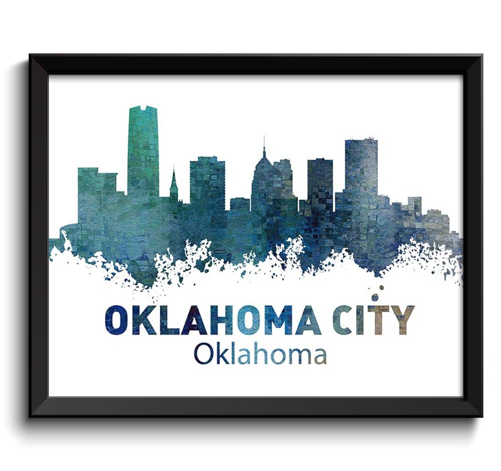 Oklahoma City Skyline Teal Green Navy Blue Gray Gray Watercolor Cityscape Poster Print Landscape Art