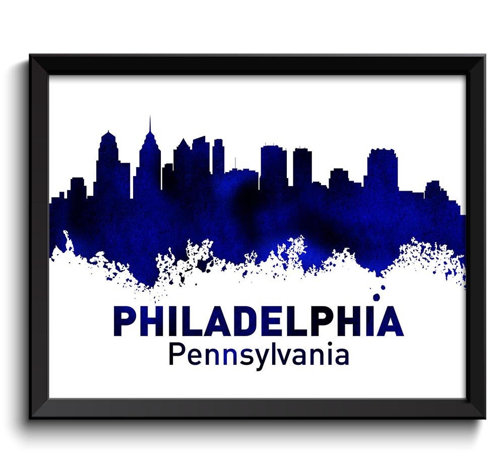 Philadelphia Skyline Pennsylvania City Black Navy Blue Watercolor Cityscape Poster Print Abstract La