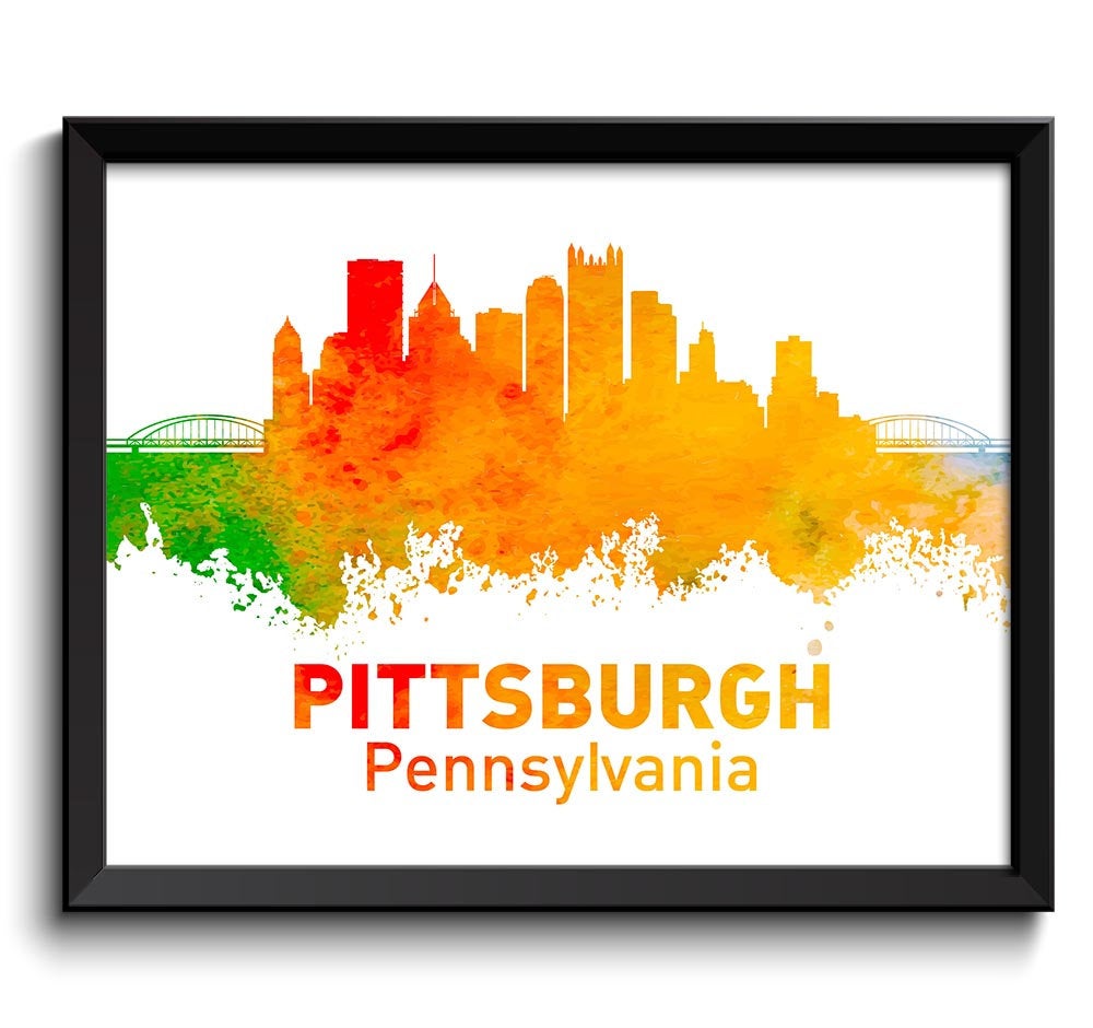 Pittsburgh Skyline Pennsylvania Blue Yellow Orange Red Watercolor Cityscape Poster Print Abstract La