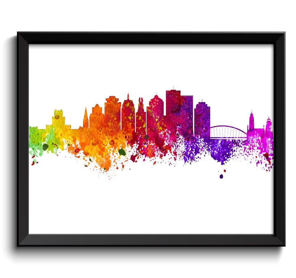 Rochester Skyline New York Colorful Watercolor Cityscape Poster Print Landscape Art Painting Red Pur