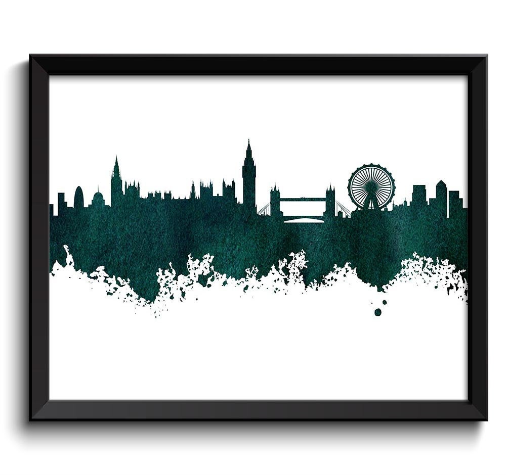 London Skyline England UK City Deep Hunter Green Black Watercolor Cityscape Poster Print Landscape A