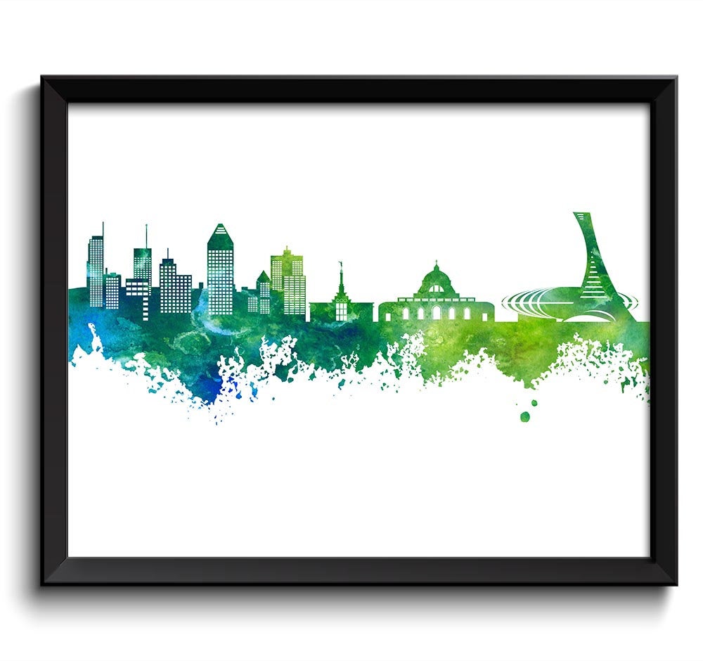 Montreal Skyline Lime Green Turquoise Blue Quebec Canada Watercolor Cityscape Poster Print Abstract 