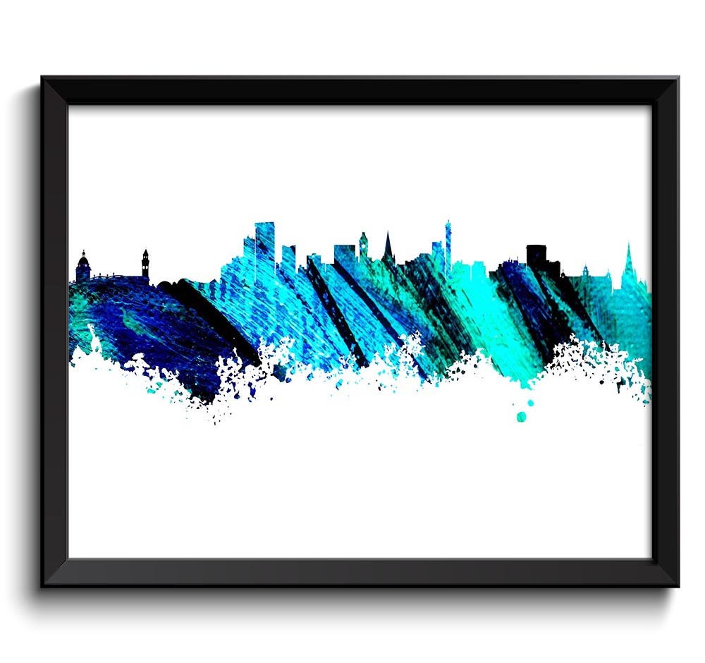 Birmingham Skyline Navy Turquoise Aua Blue Watercolor Poster Print Wall Decor Wall Art Painting Engl