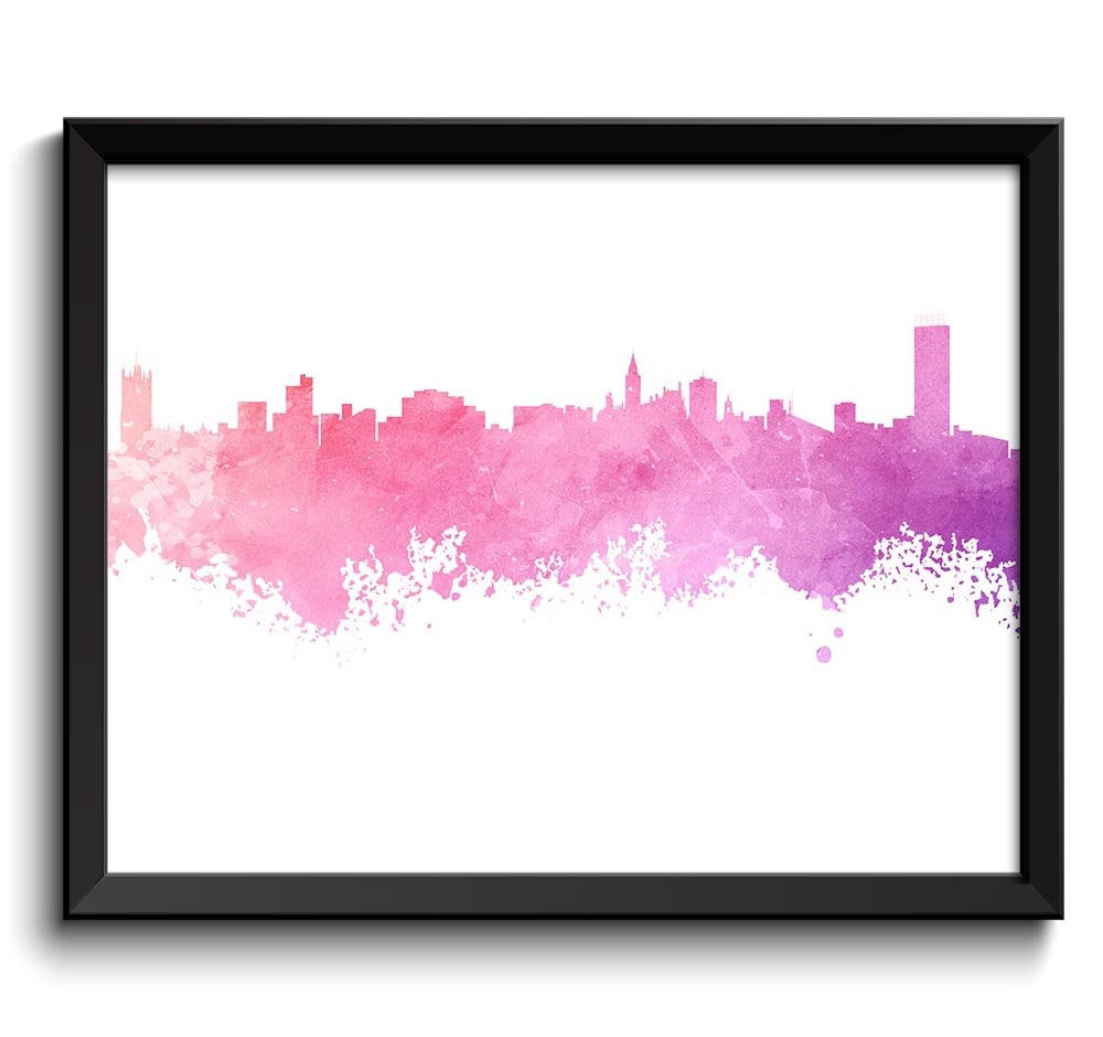 Manchester Skyline Watercolor Pink Purple Poster Print Wall Decor Wall Art Painting England Artwork 