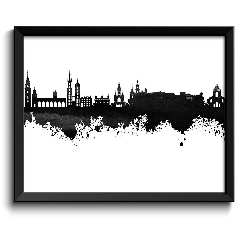 Krakow Skyline Black White Grey Painting Poster Print Krakow Wall Decor Wall Art Poland City Citysca