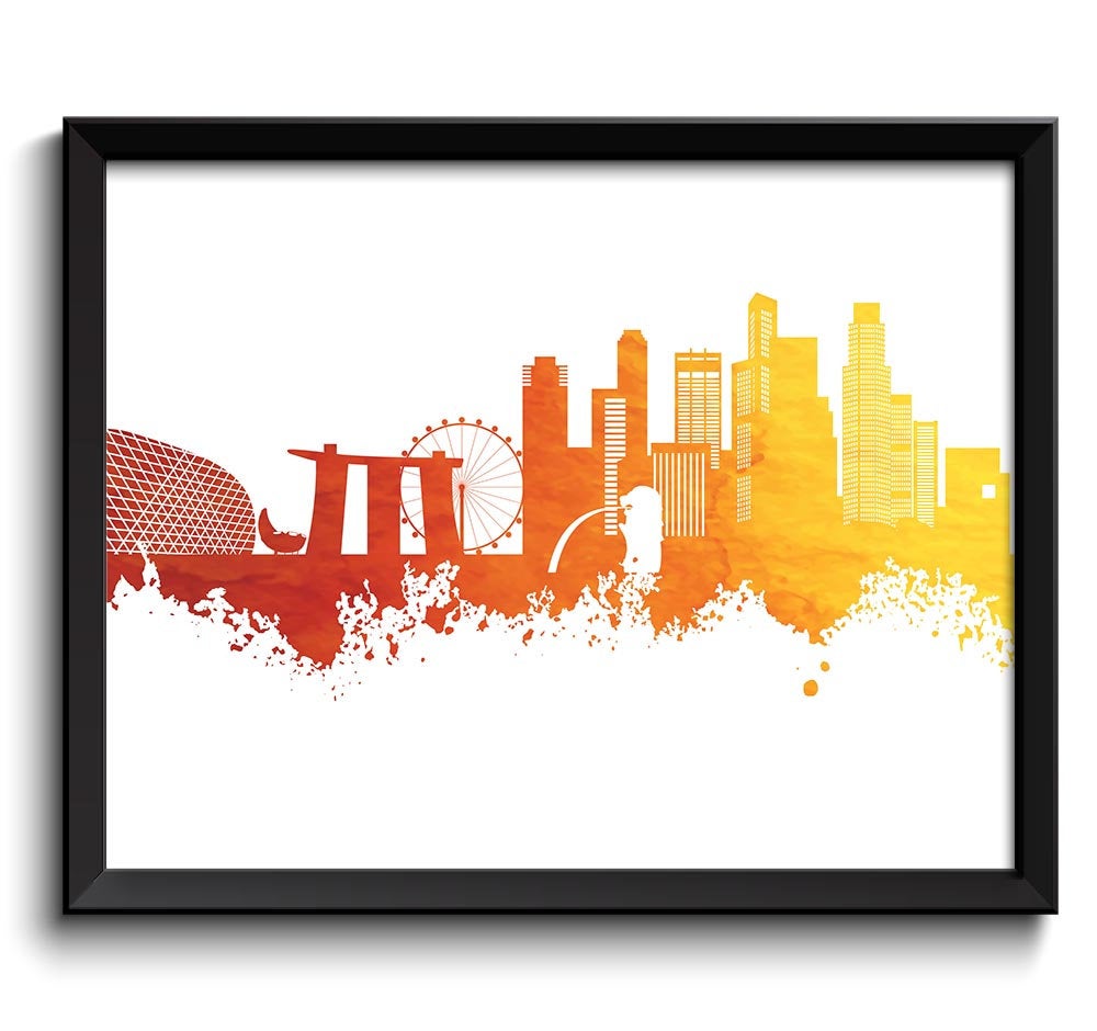 Singapore Red Orange Yellow Skyline Painting Poster Print Wall Decor Singapore Wall Art Asia City Ma