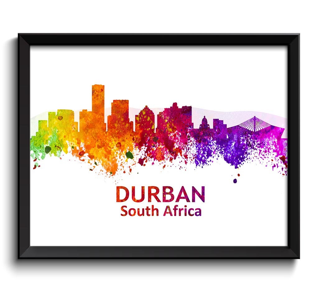 Durban Skyline South Africa Cityscape Art Print Poster Green Yellow Orange Red Purple Pink Watercolo