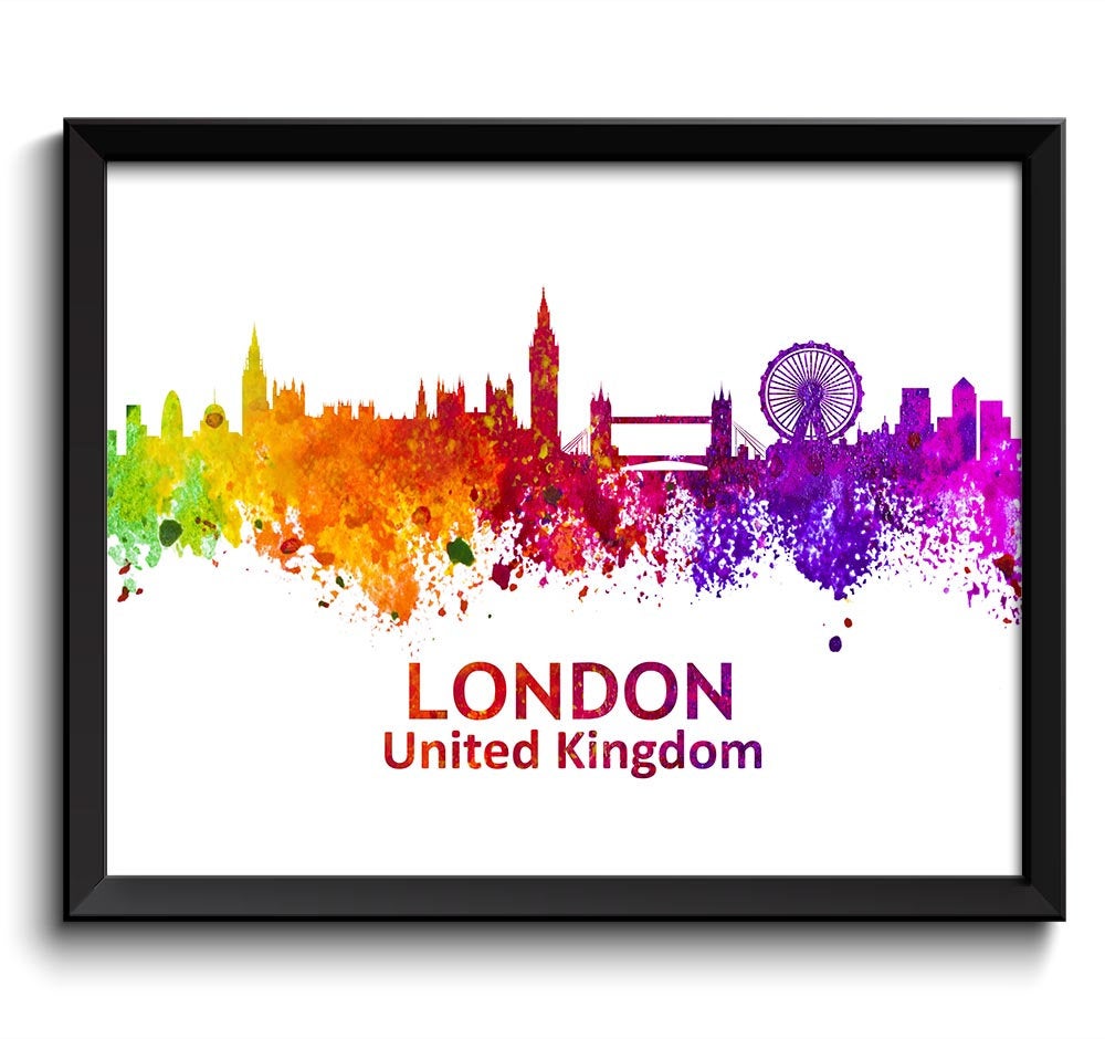 London Skyline Colorful England City Watercolor Cityscape Poster Print Landscape Art Painting Red Pu