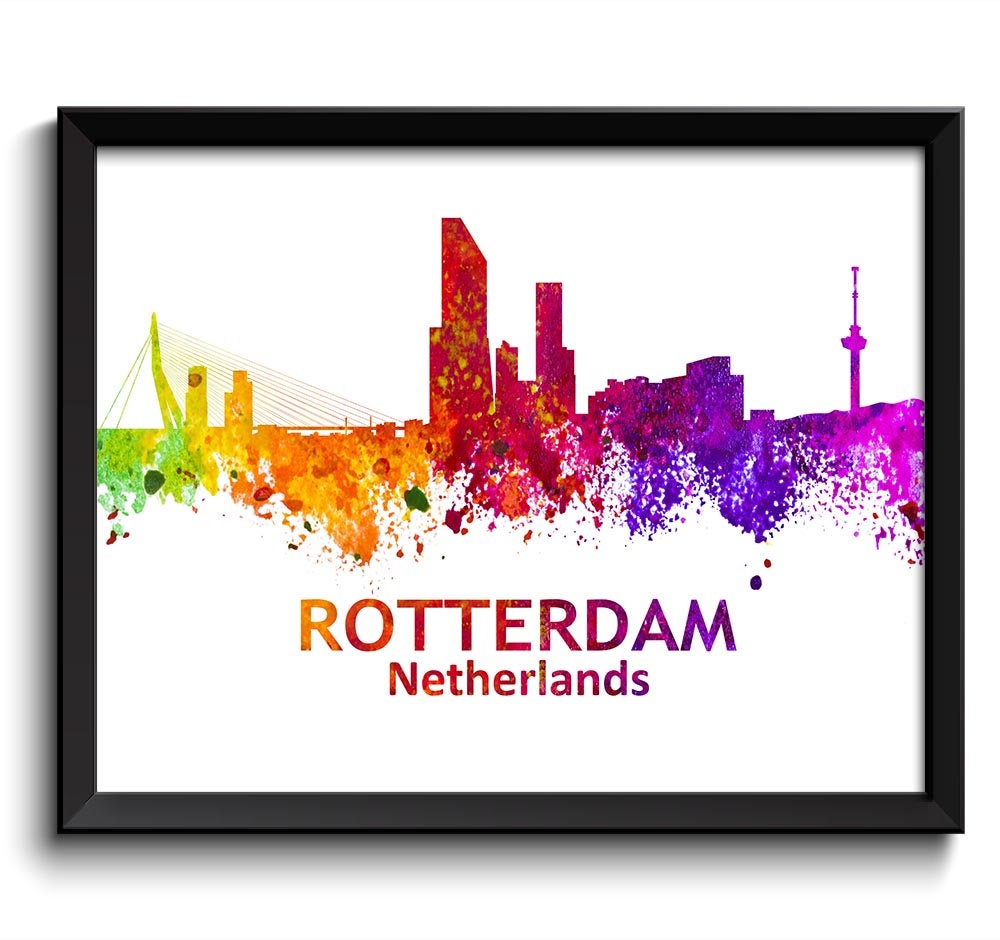 Rotterdam Skyline Pink Purple Red Orange Yellow Green Painting Poster Print Netherlands Wall Decor A