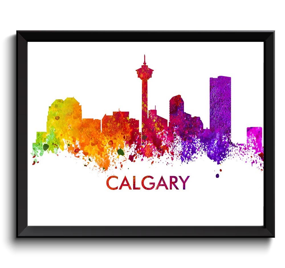 Calgary Skyline City Cityscape Canada Colorful Watercolor Poster Print Landscape Art Painting Red Pu