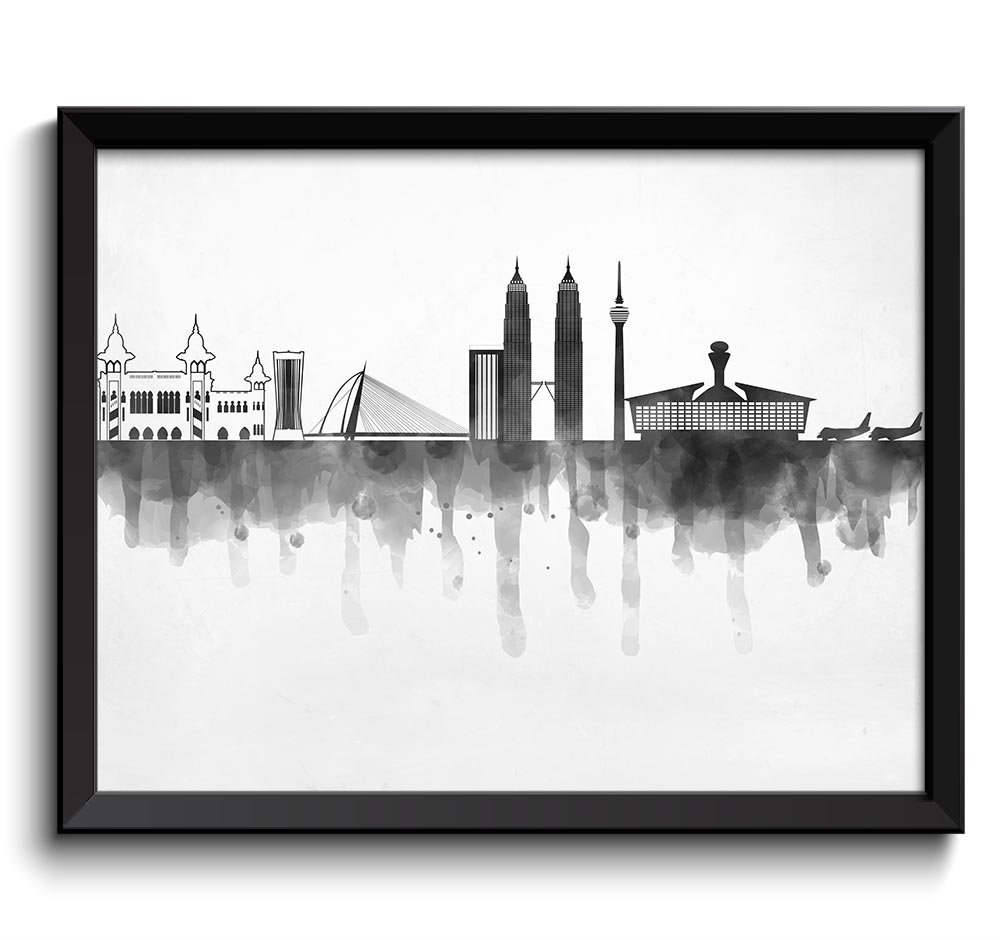 Kuala Lumpur Skyline Grey Black White Malaysia Aisa City Watercolor Cityscape Poster Print Abstract 