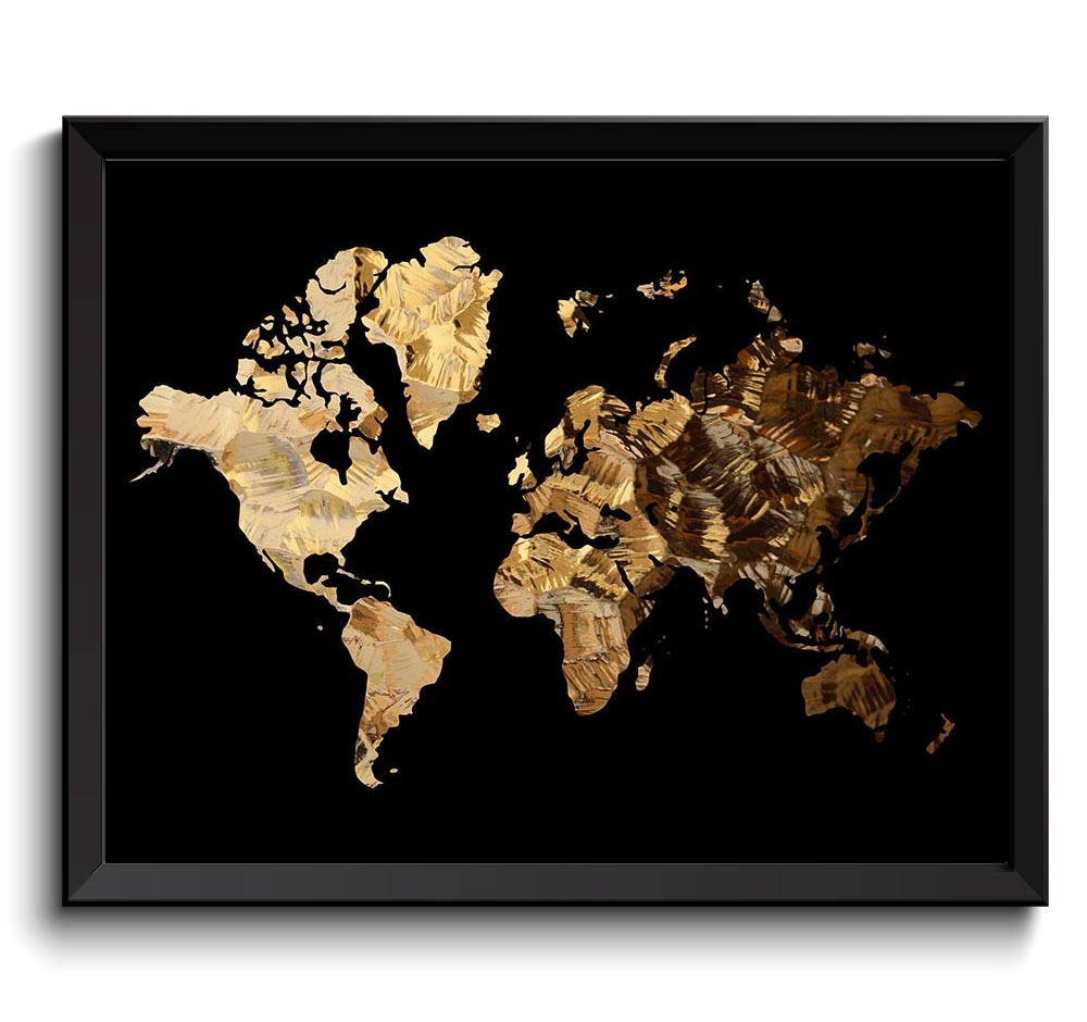 World Map Print Black Brown Beige Gold Watercolor Poster Print Globe Modern Abstract Landscape Art P