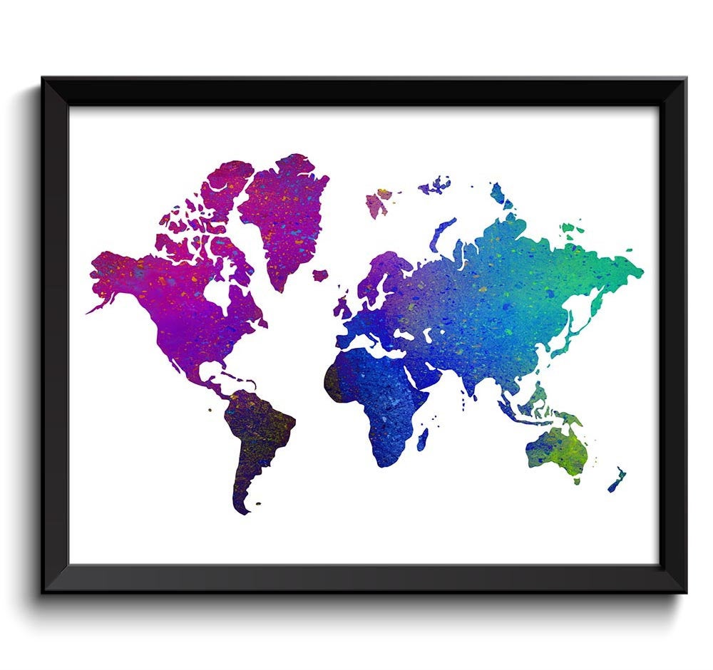 World Map Print Purple Blue Teal Breen Watercolor Poster Print Globe Modern Abstract Landscape Art P