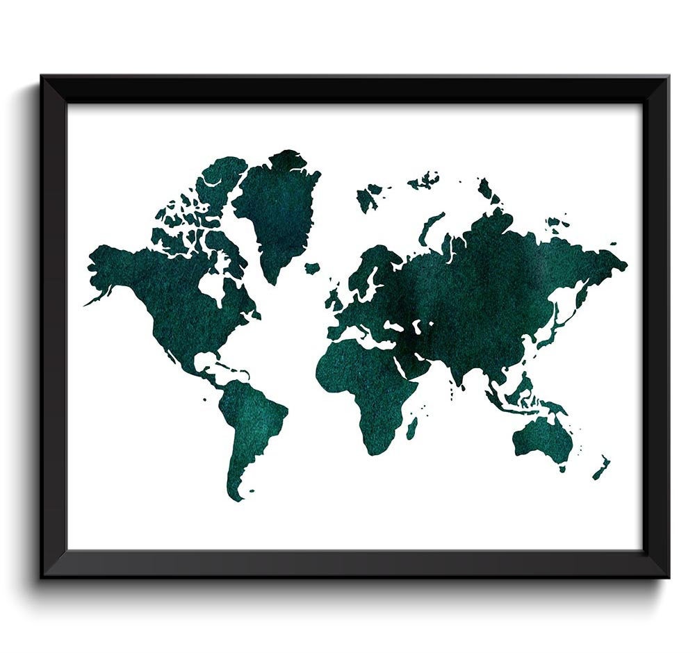 World Map Print Deep Hunter Green Watercolor Poster Print Globe Modern Abstract Landscape Art Painti