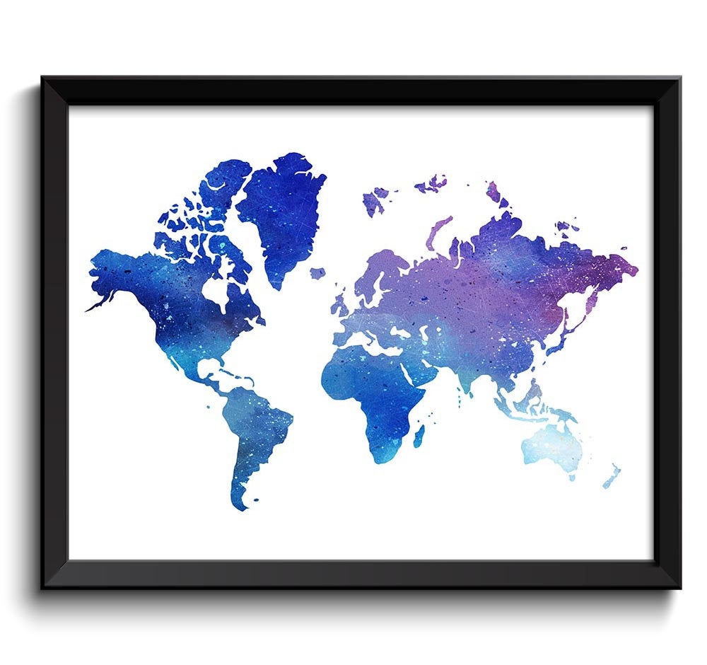 World Map Print Navy Royal Blue Purple Sky Blue Watercolor Poster Print Globe Modern Abstract Landsc