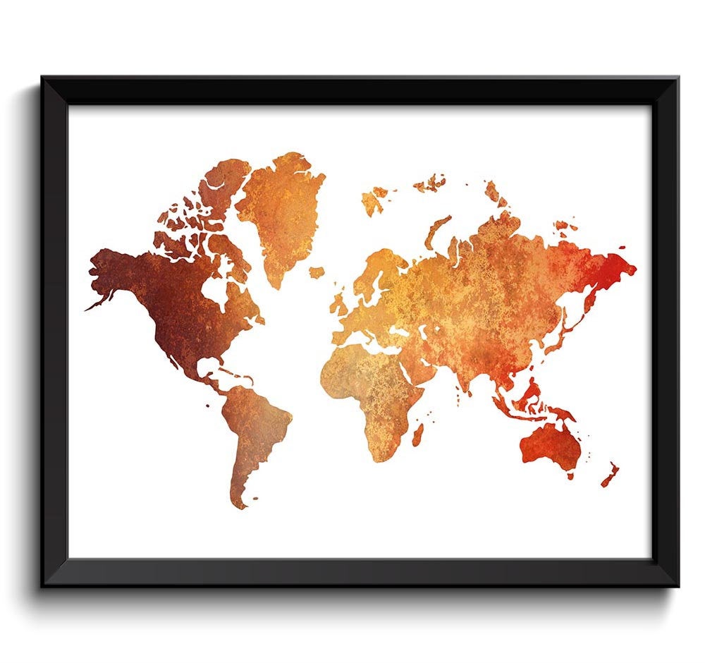 World Map Print Red Coral Beige Orange Watercolor Poster Print Globe Modern Abstract Landscape Art P