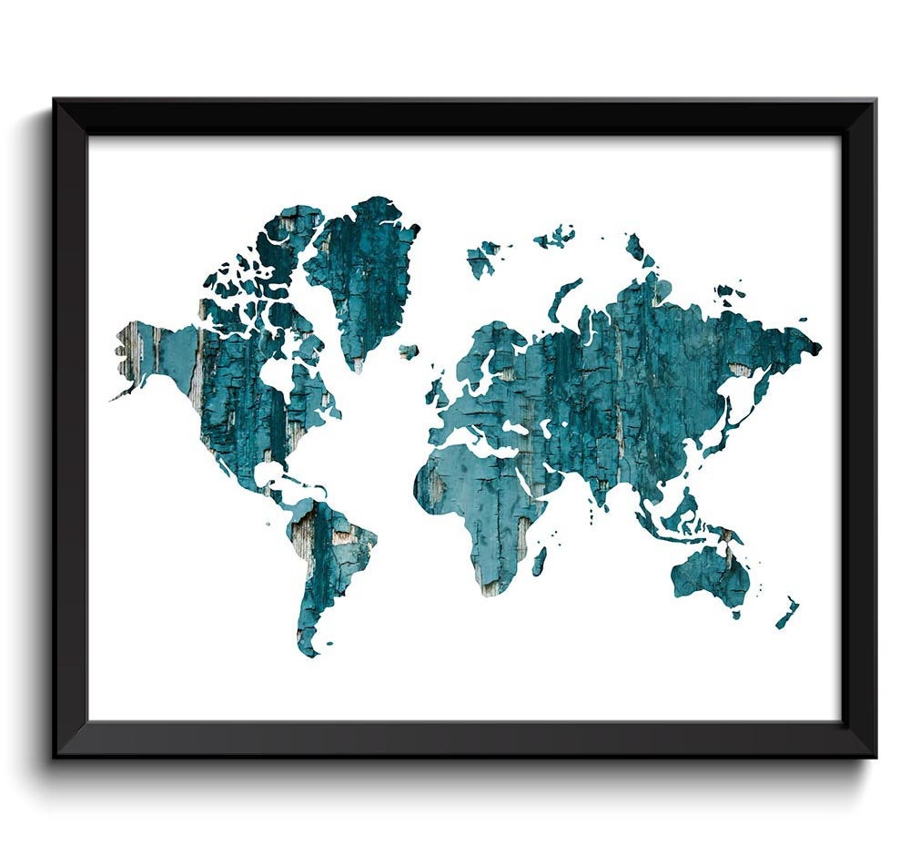 World Map Print Teal Green Turqoise Blue Watercolor Poster Print Globe Modern Abstract Landscape Art