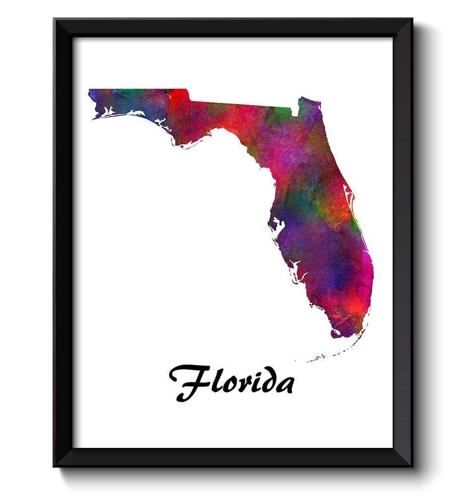 Florida Map State Watercolor Painting Poster Print USA United States Abstract Landscape Art Colorful