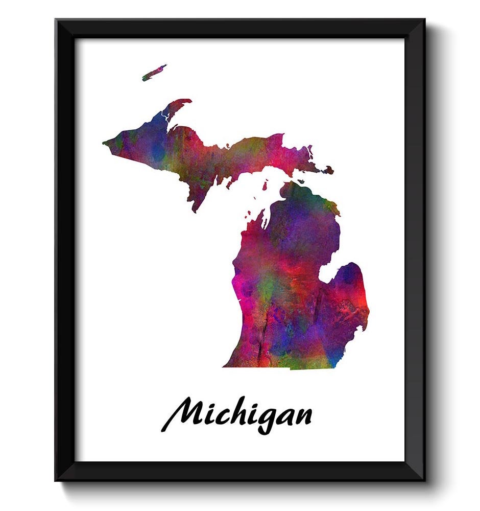 Michigan Map State Watercolor Painting Poster Print USA United States Abstract Landscape Art Colorfu