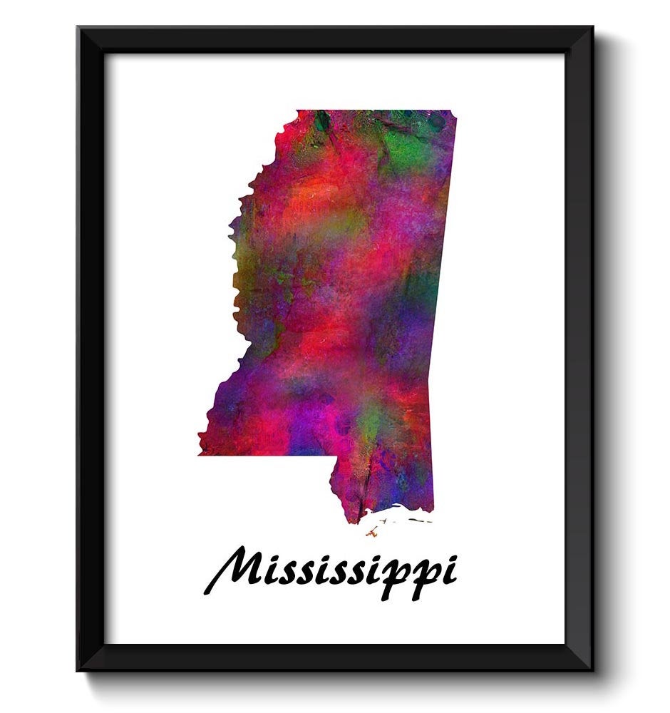 Mississippi Map State Watercolor Painting Poster Print USA United States Abstract Landscape Art Colo