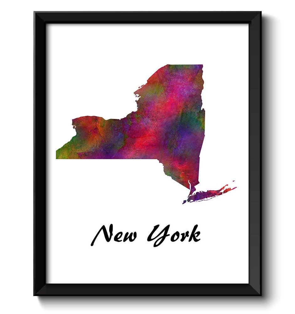 New York Map State Watercolor Painting Poster Print USA United States Abstract Landscape Art Colorfu