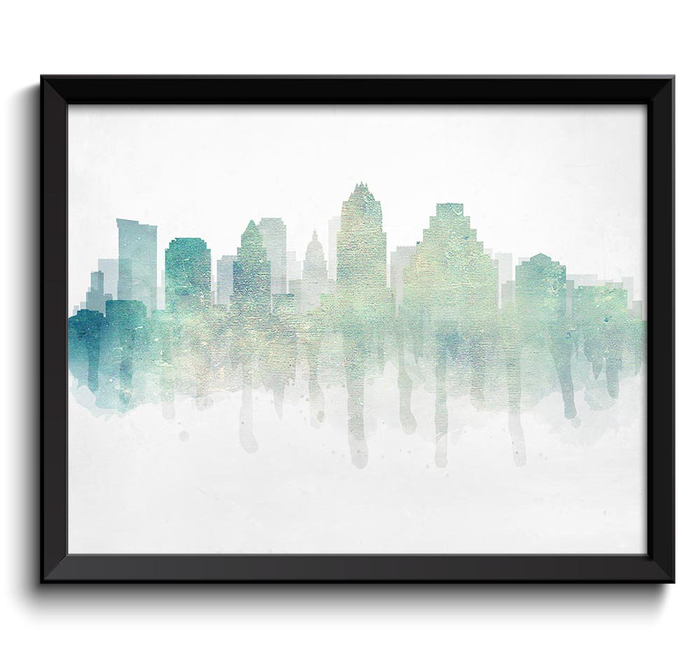 Austin Crystal Blue Turquoise Skyline Texas USA United States Cityscape Art Print Poster Watercolor 