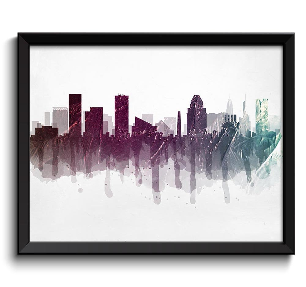 Baltimore Pink Blue Brown Grey Skyline Maryland USA United States Cityscape Art Print Poster Waterco