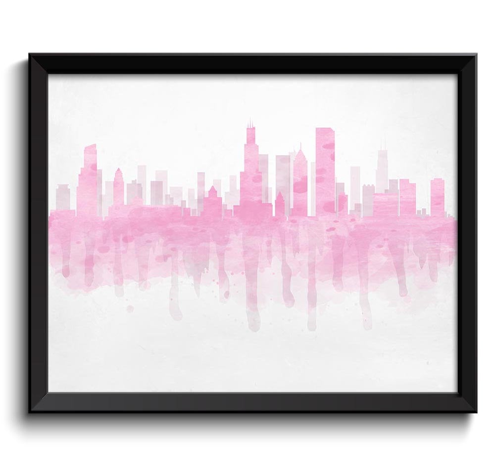 Chicago Light Pink and Grey Skyline Illinois USA United States Cityscape Art Print Poster Watercolor