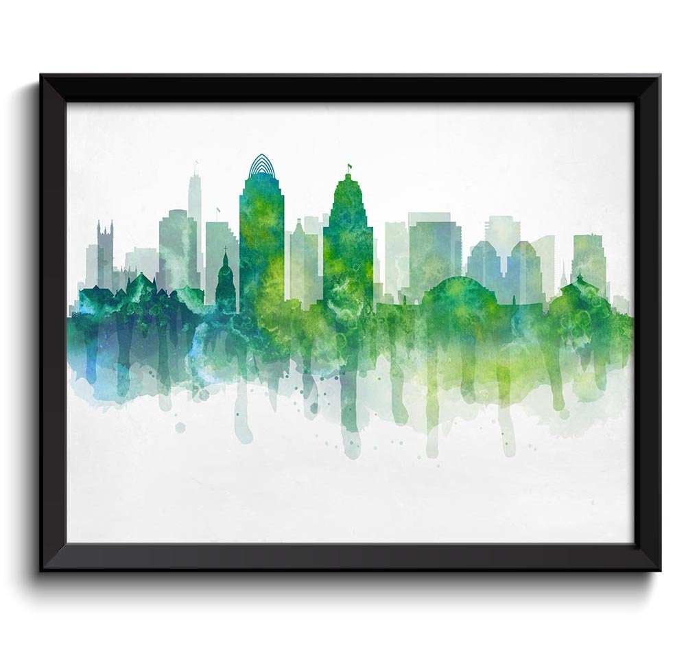 Cincinnati Lime Green Blue Yellow Skyline Ohio USA United States Modern Cityscape Art Print Poster W