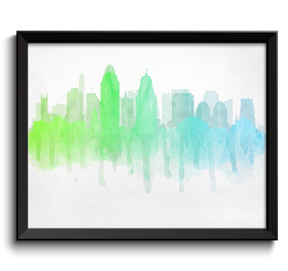 Cincinnati Lime Green Blue Grey Skyline Ohio USA United States Modern Cityscape Art Print Poster Wat