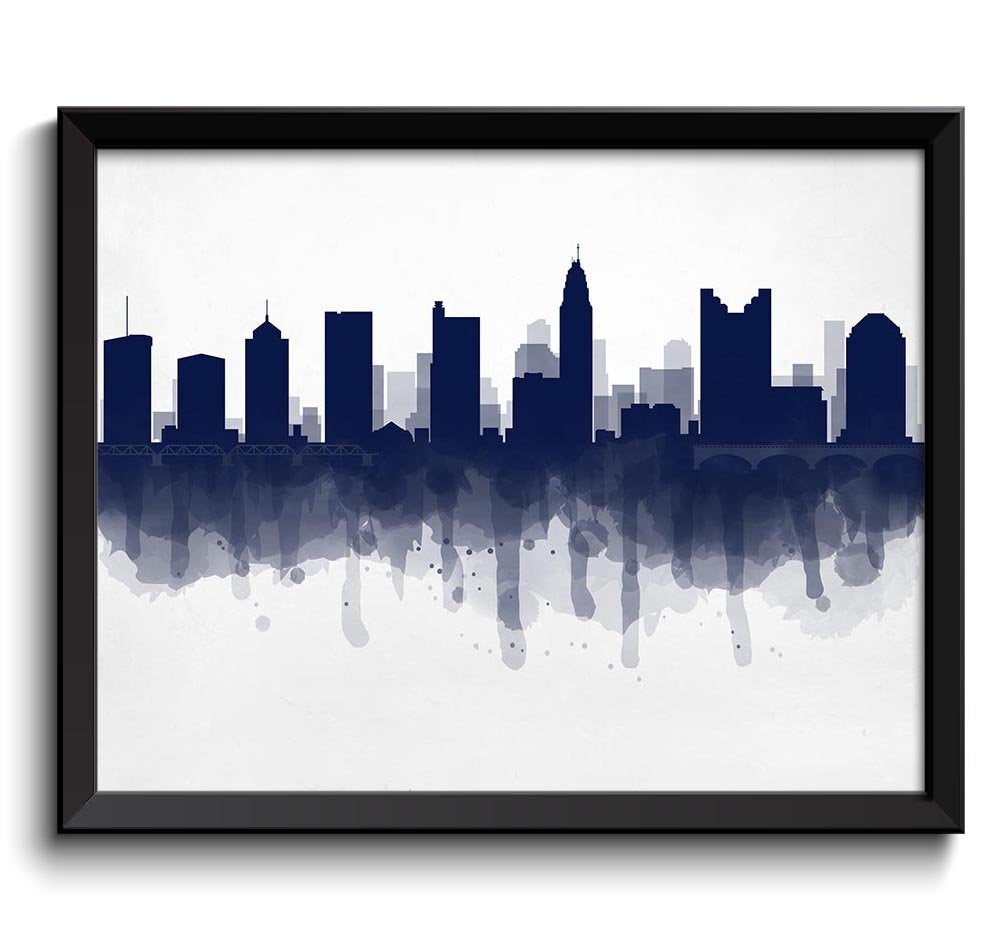 Columbus Navy Blue Skyline Ohio USA United States Cityscape Art Print Poster Watercolor Painting