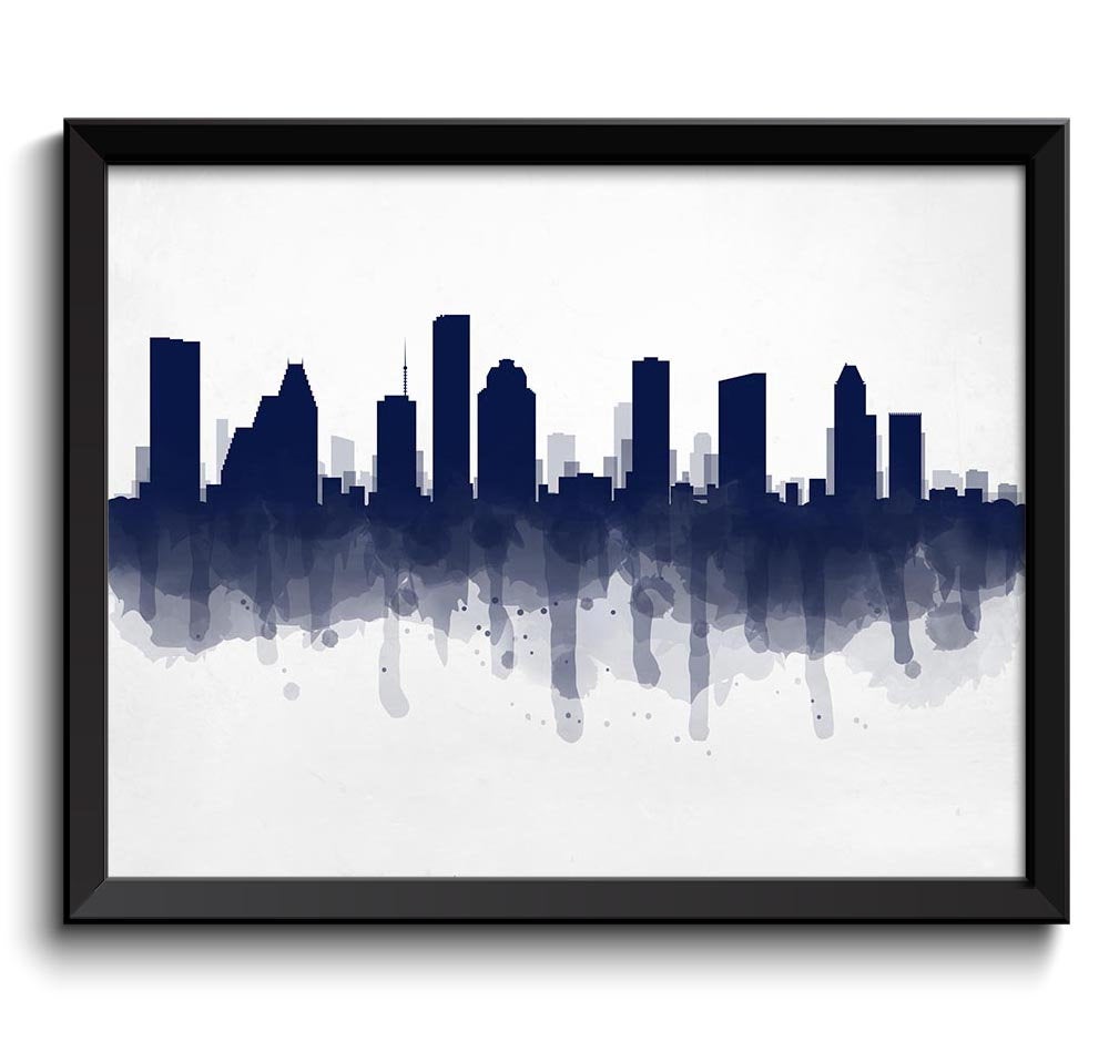 Houston Navy Blue Black Skyline Texas USA United States Cityscape Art Print Poster Watercolor Painti