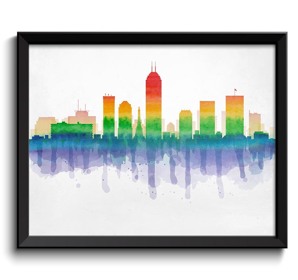 Indianapolis Rainbow Red Purple Blue Green Skyline Indiana USA United States Cityscape Art Print Pos