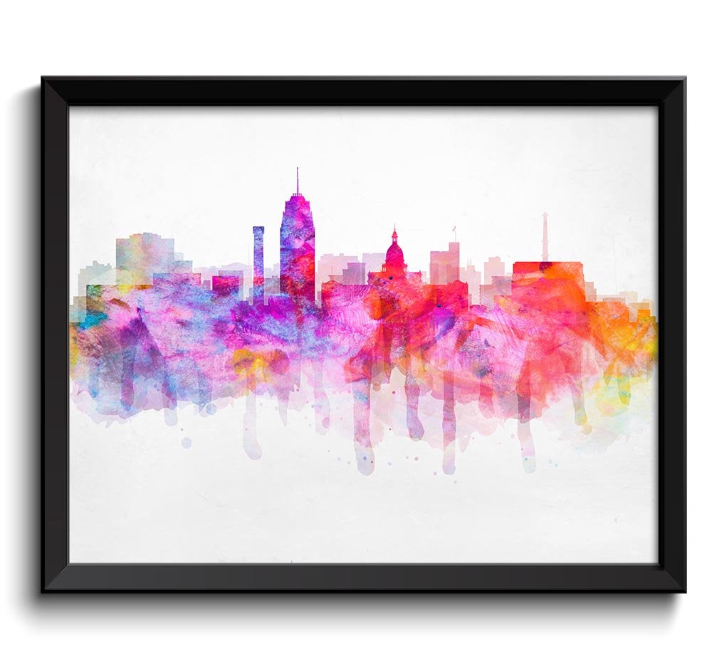 Lansing Rainbow Pink Purple Yellow Blue Skyline Michigan USA United States Cityscape Art Print Poste