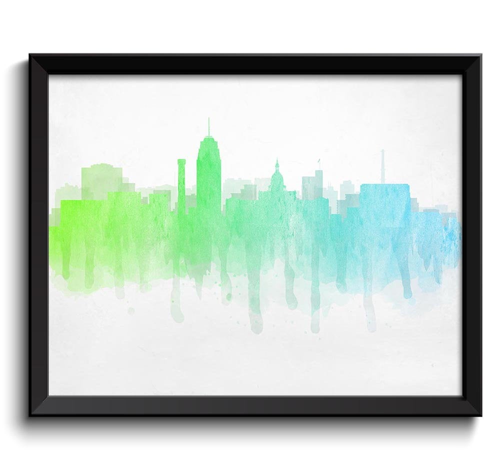 Lansing Lime Green Baby Blue Skyline Michigan USA United States Cityscape Art Print Poster Watercolo