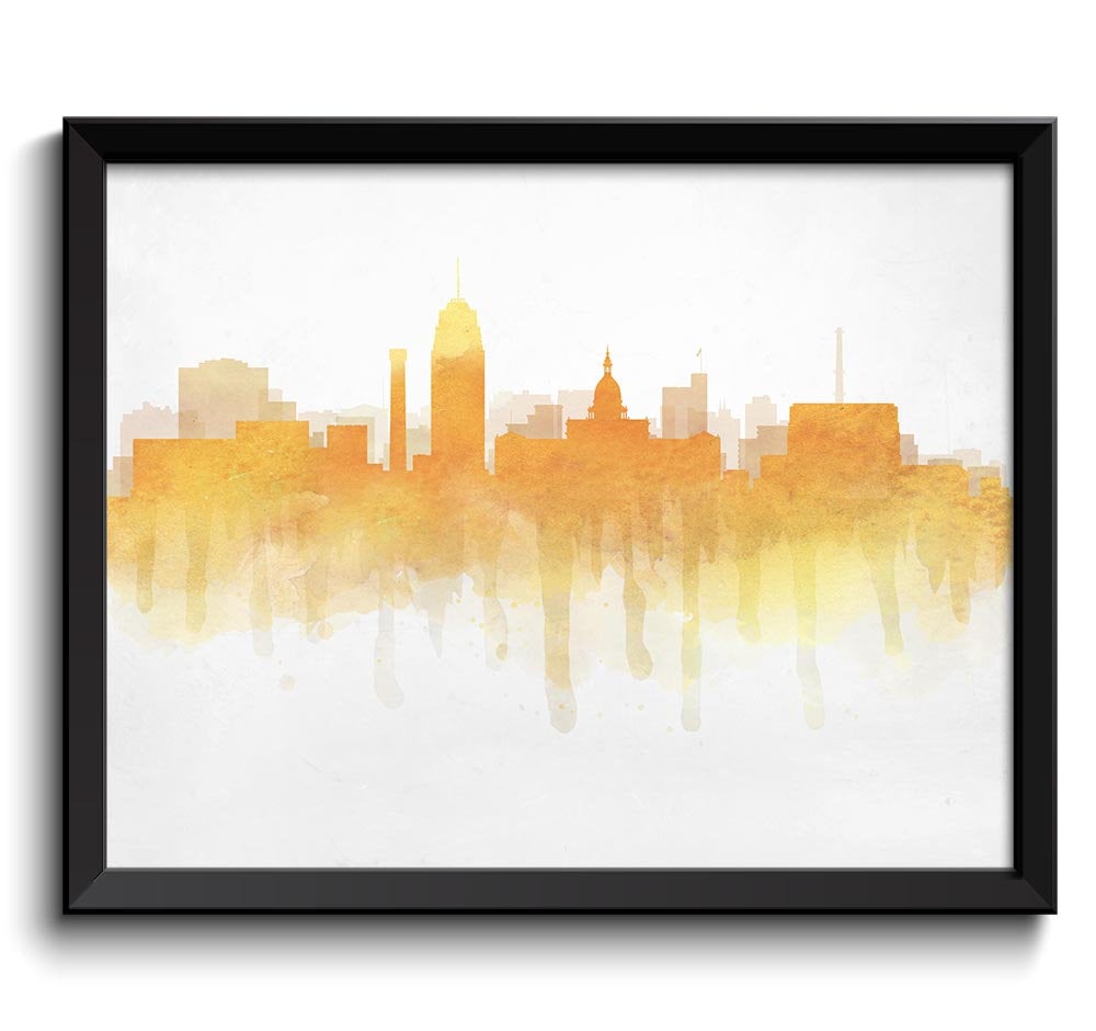 Lansing Yellow Gold Orange Skyline Michigan USA United States Cityscape Art Print Poster Watercolor 