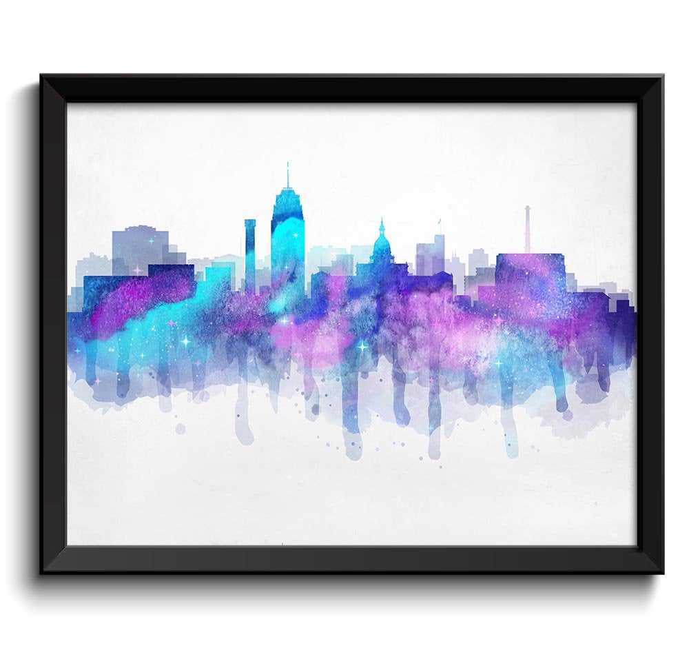 Lansing Turquoise Blue Pink Purple Skyline Michigan USA United States Cityscape Art Print Poster Wat