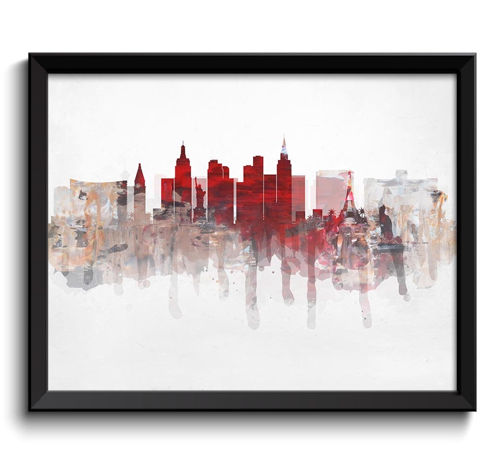 Las Vegas Red Beige Grey Skyline Nevada USA United States Cityscape Wall Art Print Poster Watercolor