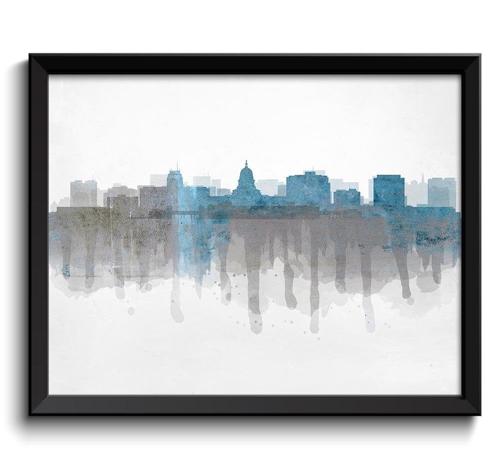 Madison Light Blue Grey Gray Skyline Wisconsin USA United States Cityscape Art Print Poster Watercol