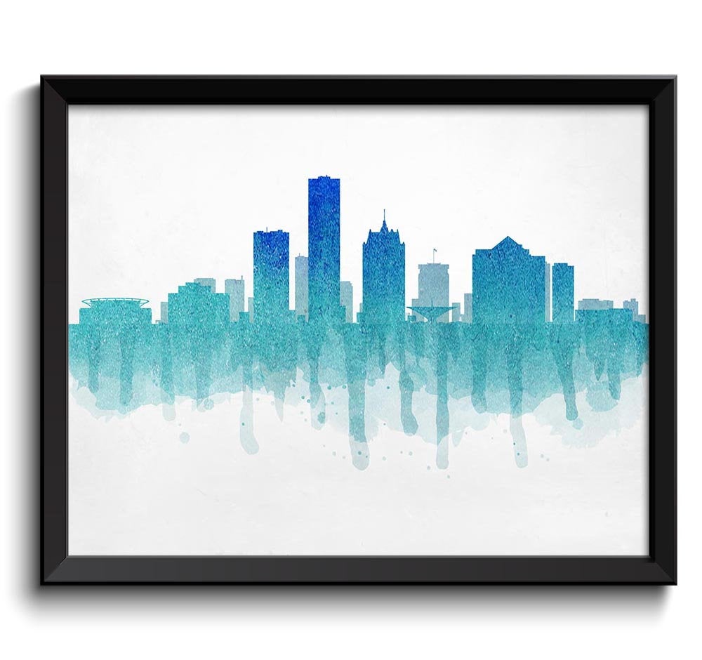 Milwaukee Light Sky Royal Blue Skyline Wisconsin USA United States Cityscape Art Print Poster Waterc