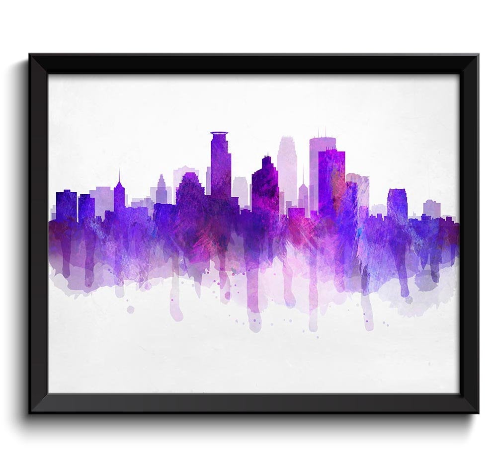 Minneapolis Purple Hot Pink Blue Skyline Minnesota USA United States Cityscape Art Print Poster Gray