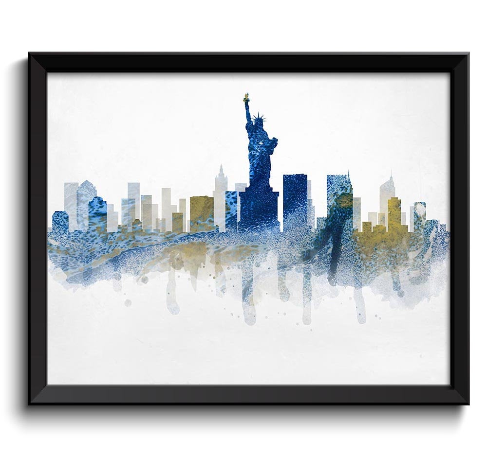 New York City Navy Blue Gold Grey Skyline New York Skyline USA United States Cityscape Art Print Pos