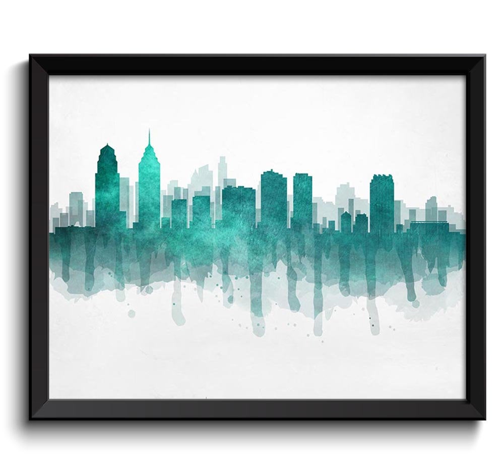 Philadelphia Teal Green Grey Skyline Pennsylvania USA United States Cityscape Art Print Poster Water