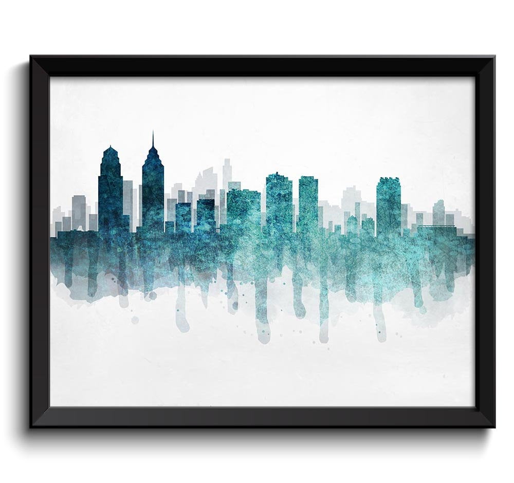 Philadelphia Teal Turquoise Blue Skyline Pennsylvania USA United States Cityscape Art Print Poster W