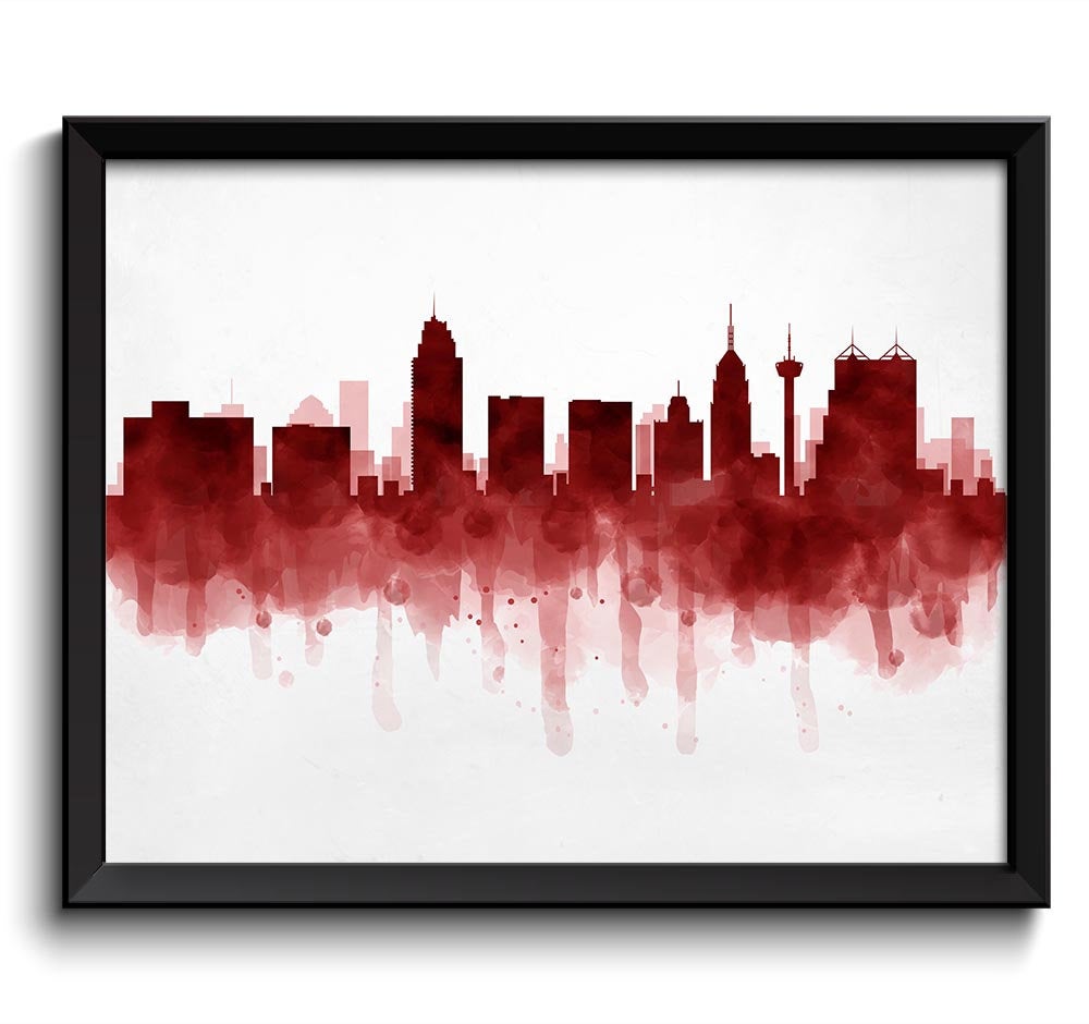 San Antonio Deep Red Black Skyline Texas USA United States Cityscape Art Print Poster Watercolor Pai