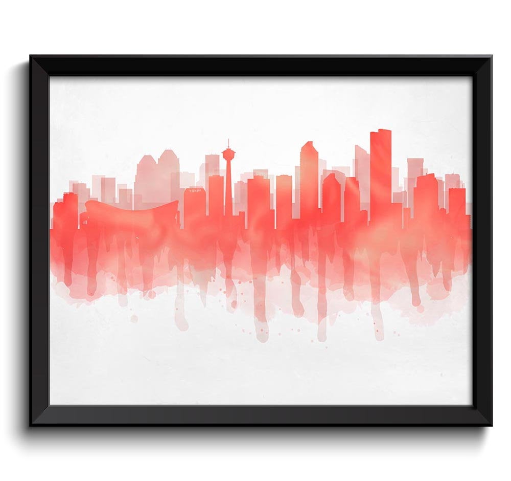 Calgary Pink Coral Skyline Alberta Canada Cityscape Art Print Poster Watercolor Painting