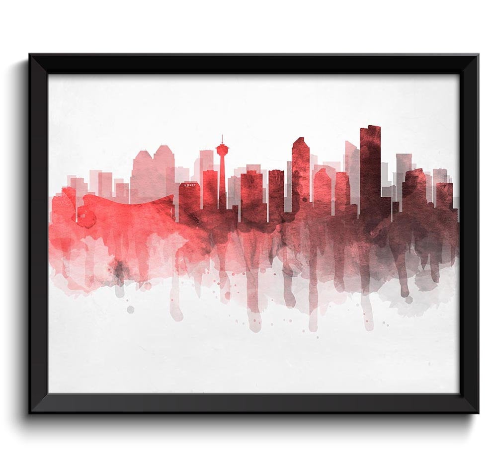 Calgary Hot Pink Coral Grey Skyline Alberta Canada Cityscape Art Print Poster Watercolor Painting