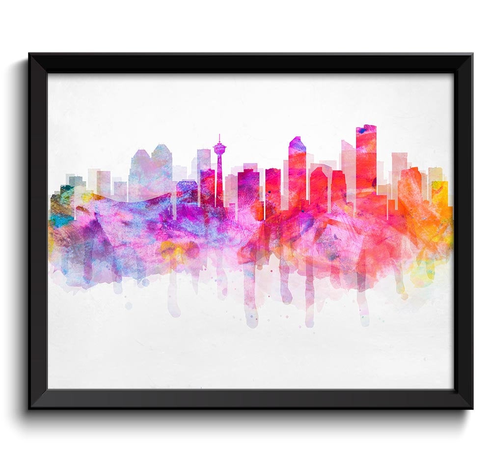 Calgary Rainbow Red Purple Yellow Green Skyline Alberta Canada Cityscape Art Print Poster Watercolor